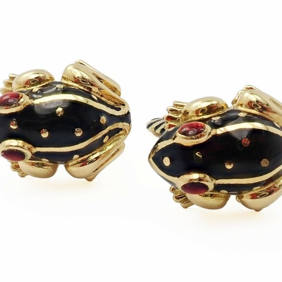 Authentic! Vintage David Webb 18k Yellow Gold Ruby Black Enamel Frog Cufflinks - Picture 2 of 6